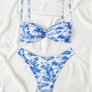 Blue and White Women's Swimwear Set